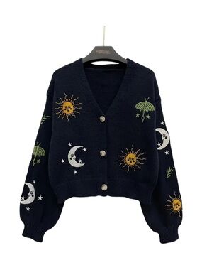 Celestial Sun & Moon Embroidered Cropped Cardigan - Size Large (L) Navy Blue